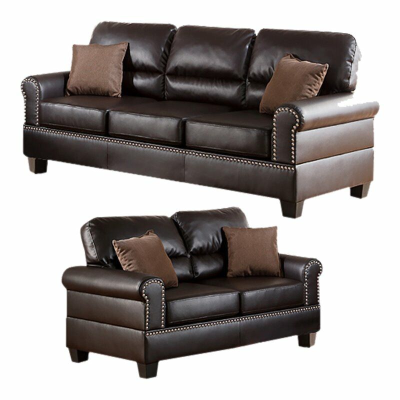 Espresso Faux Leather 2Pc Sofa Set Sofa And Loveseat Elegant Plush Contemporary Couch Living Room Furniture Espresso Espresso Faux Leather Wood Primary Living Space Cushion Back Classic,Contemporary,Modern Rolled Arms Foam Bonded Leather 5 Seat