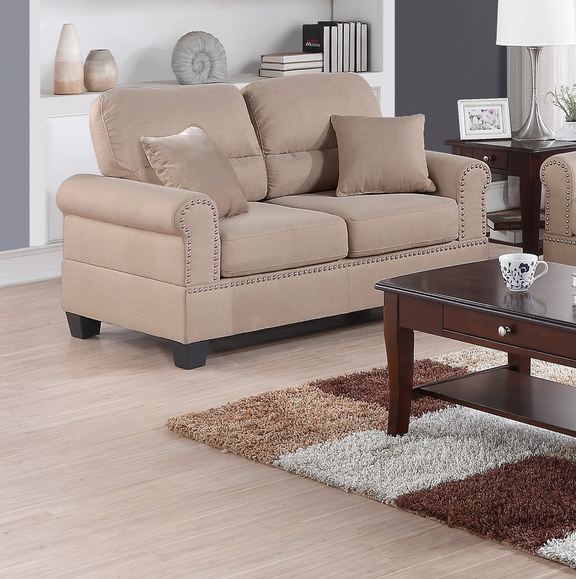 Sand Polyfiber Linen Like Fabric 2Pc Sofa Set Sofa And Loveseat Elegant Plush Contemporary Couch Living Room Furniture Desert Sand Linen Wood Primary Living Space Cushion Back Classic,Contemporary,Modern Rolled Arms Foam Fabric 5 Seat