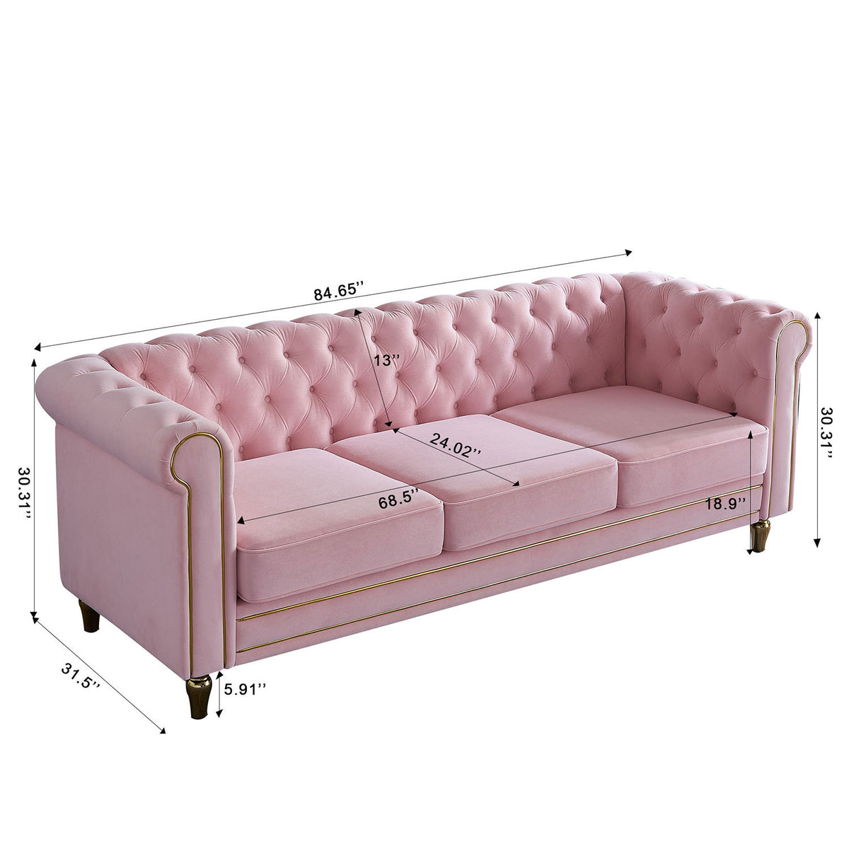 Chesterfield Velvet Sofa 84.65 Inch For Living Room Pink Color Pink Velvet Wood Primary Living Space Tufted Back Modern Rolled Arms Foam Velvet 3 Seat