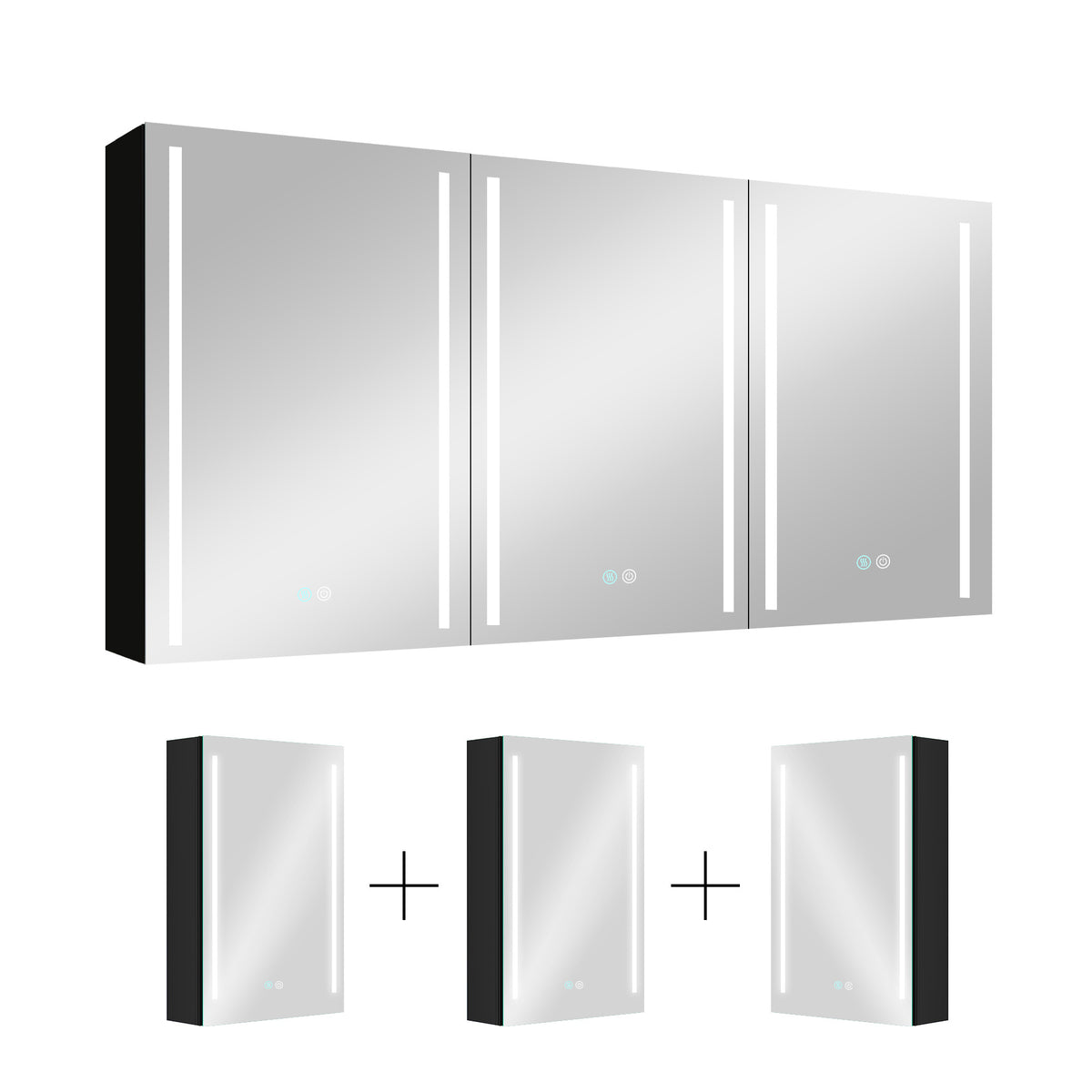 60X30 Inch Led Bathroom Medicine Cabinet Surface Mount Double Door Lighted Medicine Cabinet, Medicine Cabinets For Bathroom With Mirror Defogging, Dimmer Black Black Modern Aluminium