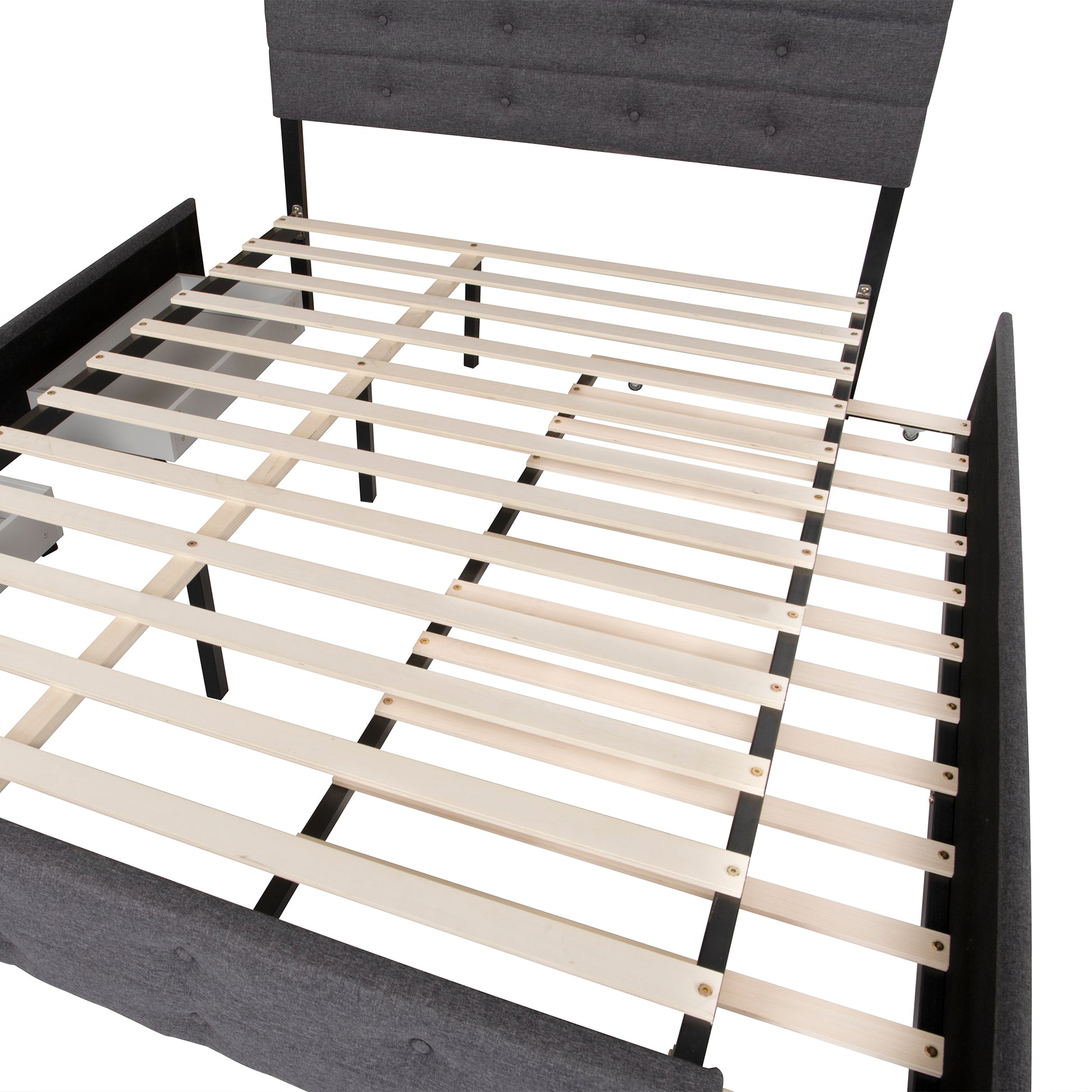 Queen Size Upholstered Linen Fabric Trundle Bed With Drawers Grey Box Spring Not Required Queen Grey Wood Bedroom American Design Bed Frame Linen Linen