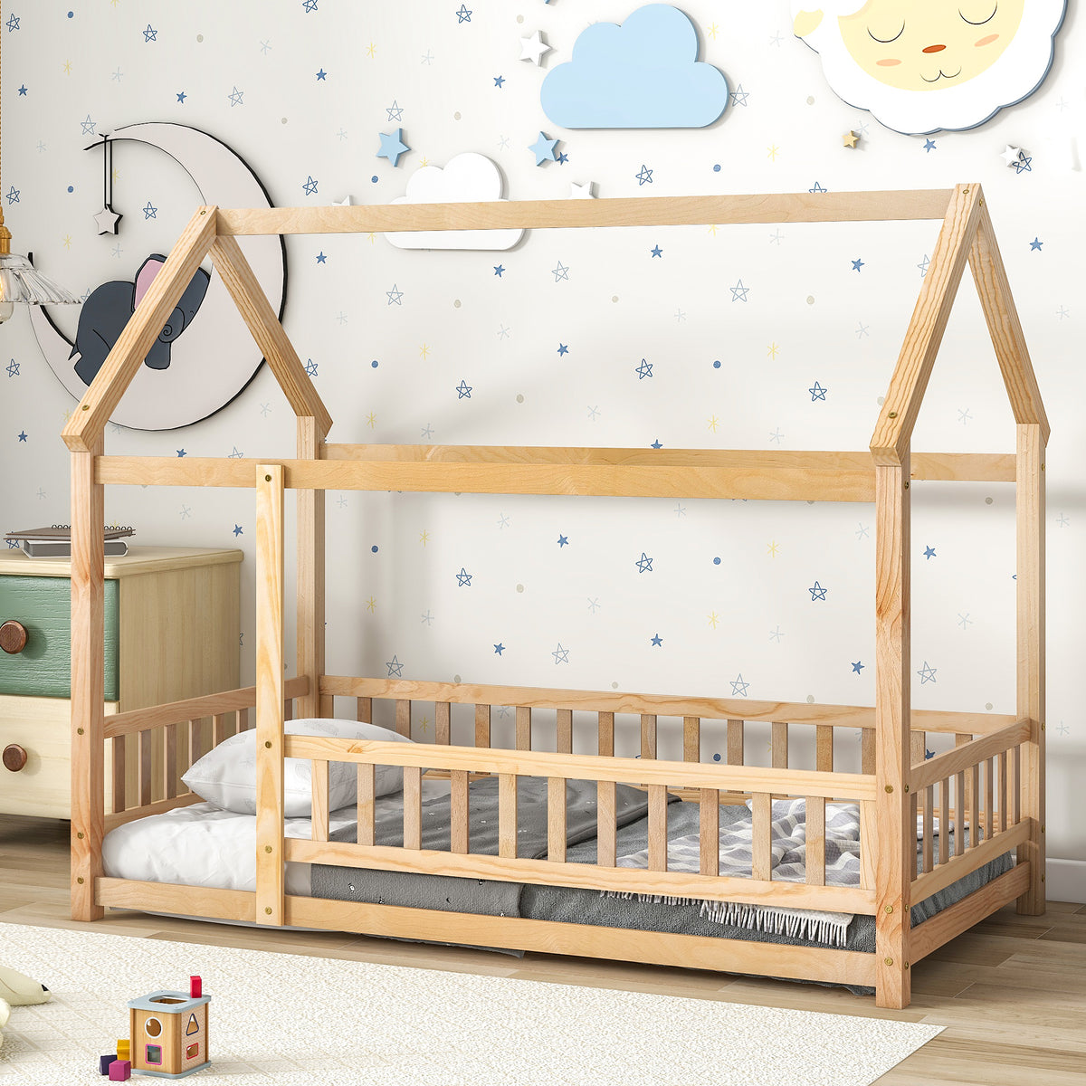 Twin Size Floor Wooden Bed With House Roof Frame, Fence Guardrails, Old Sku:W504105240 Twin Natural Pine