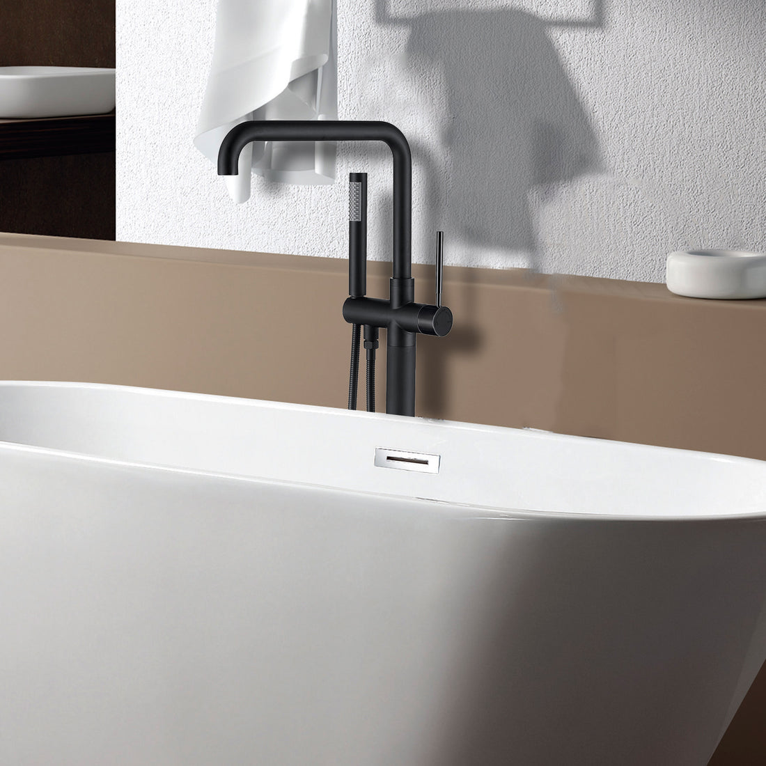 Freestanding Bathtub Faucet With Hand Shower One Matt Black Floor Mounted Bathroom Lever Handles 2 Hole Faucets Metal Manual