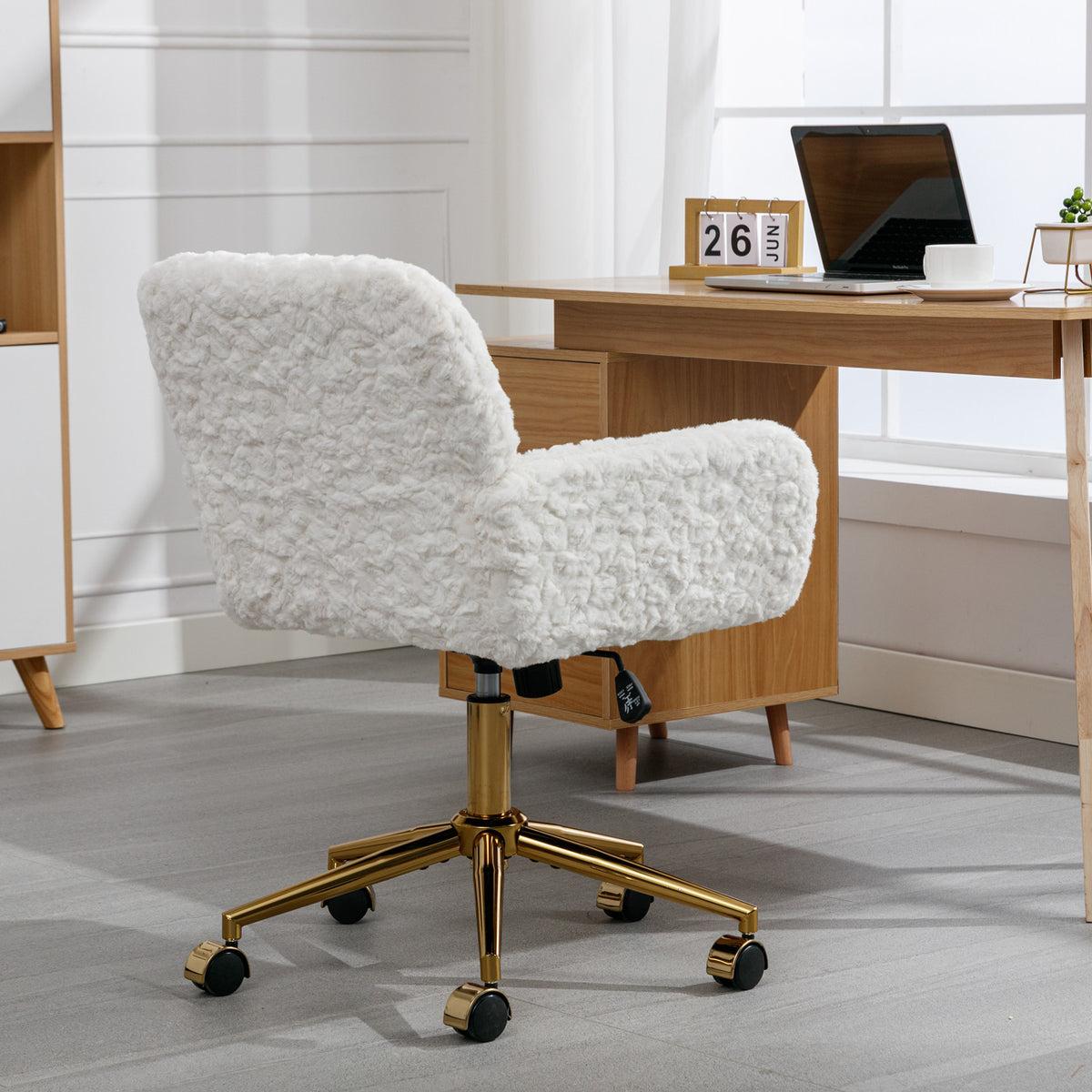 Office Chair,Artificial Rabbit Hair Home Office Chair With Golden Metal Base,Adjustable Desk Chair Swivel Office Chair,Vanity Chair Beige Beige Bedroom Foam Velvet