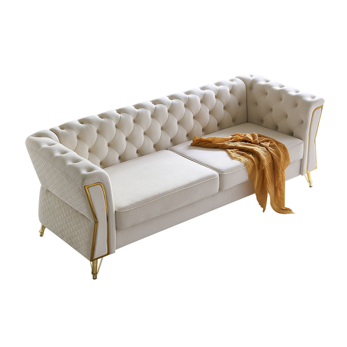 Modern Tufted Velvet Sofa 87.4 Inch For Living Room Beige Color Beige Velvet Wood Primary Living Space Tufted Back Modern Flared Arms Foam Velvet 2 Seat