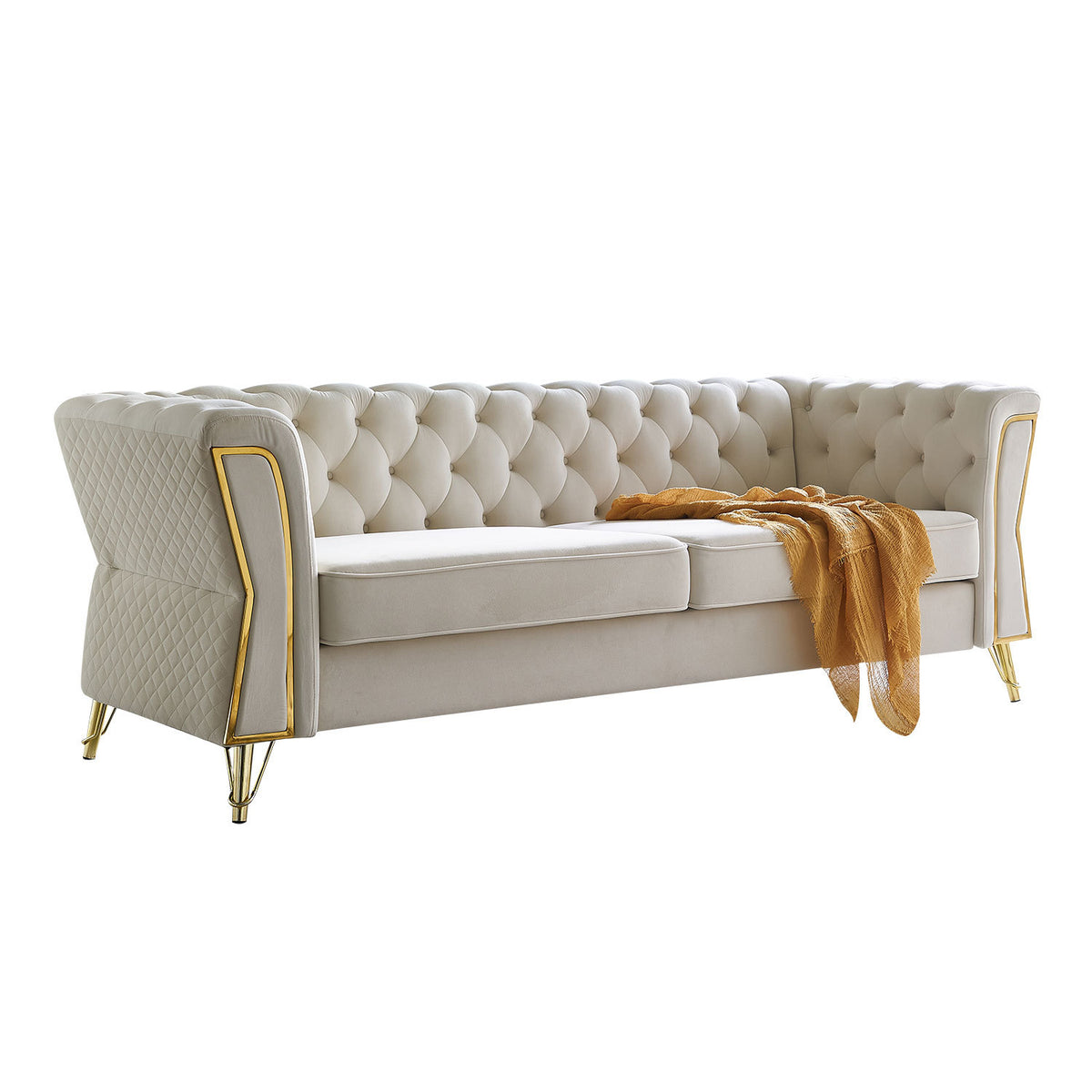 Modern Tufted Velvet Sofa 87.4 Inch For Living Room Beige Color Beige Velvet Wood Primary Living Space Tufted Back Modern Flared Arms Foam Velvet 2 Seat
