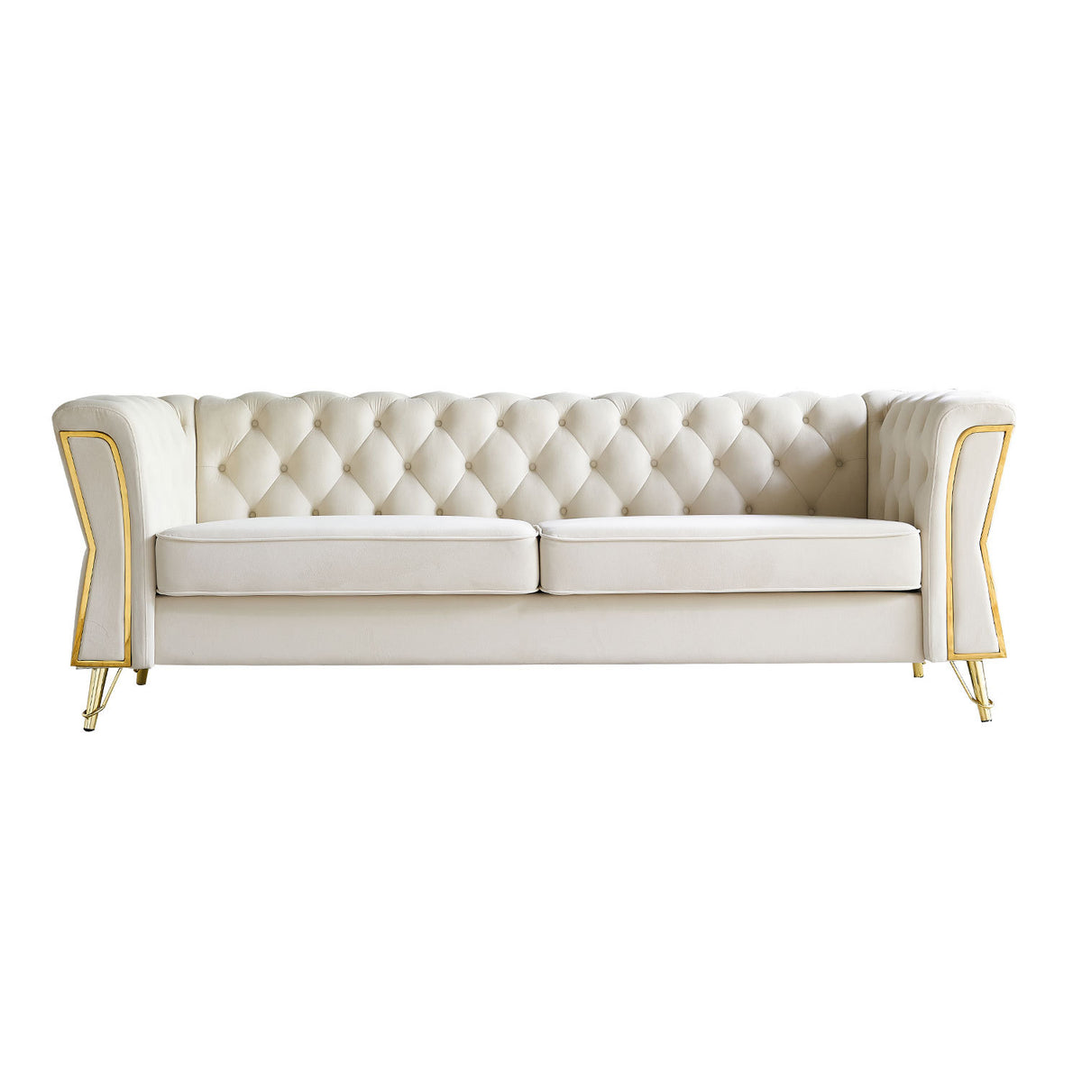 Modern Tufted Velvet Sofa 87.4 Inch For Living Room Beige Color Beige Velvet Wood Primary Living Space Tufted Back Modern Flared Arms Foam Velvet 2 Seat