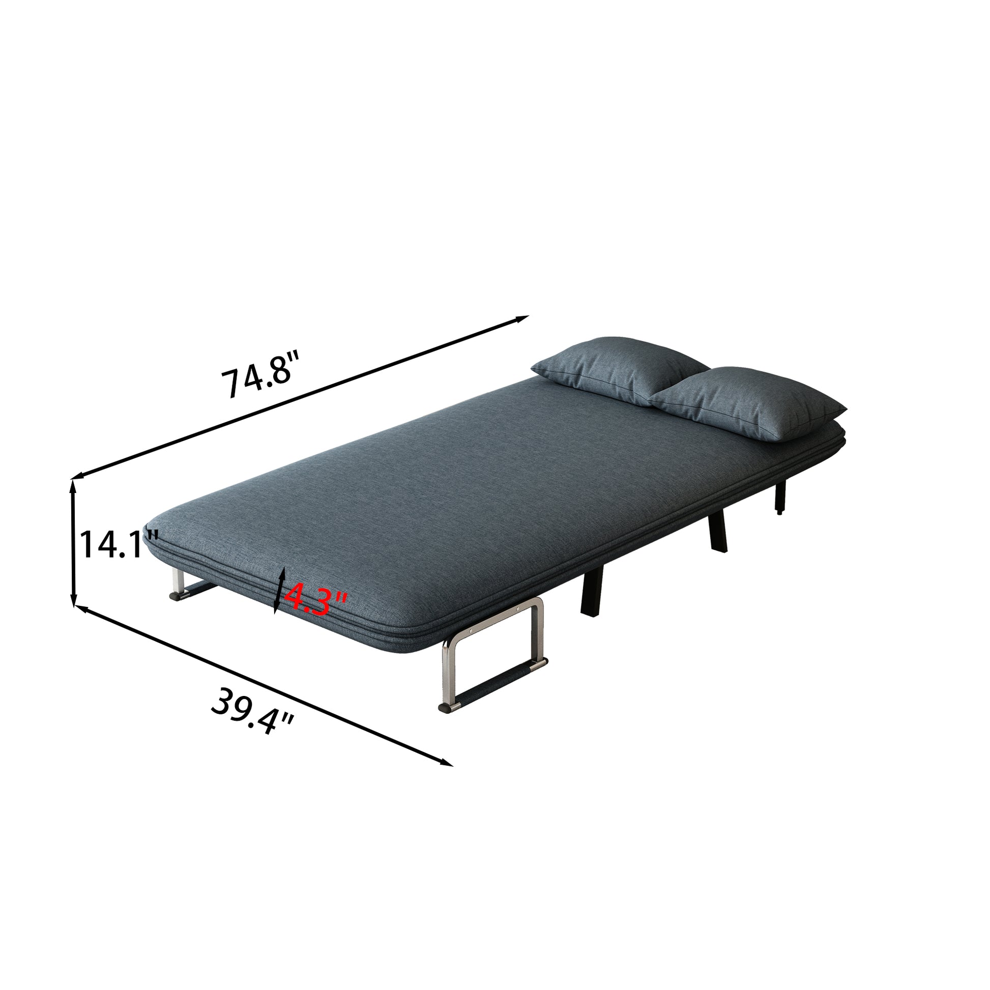 39 Convertible Chair Bed, Tri Fold Sofa Bed With Adjustable Backrest & Pillow, Leisure Chaise Lounge Couch With Sturdy Steel Frame For Home & Office, Comfortable Sleeper Chair Blue Grey Velvet Contemporary Polyurethane Foam Metal 2 Seat