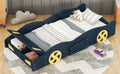 Twin Size Race Car Shaped Platform Bed With Wheels And Storage, Dark Blue Yellow Box Spring Not Required Twin Dark Blue Wood Bedroom Bed Frame Solid Wood Mdf