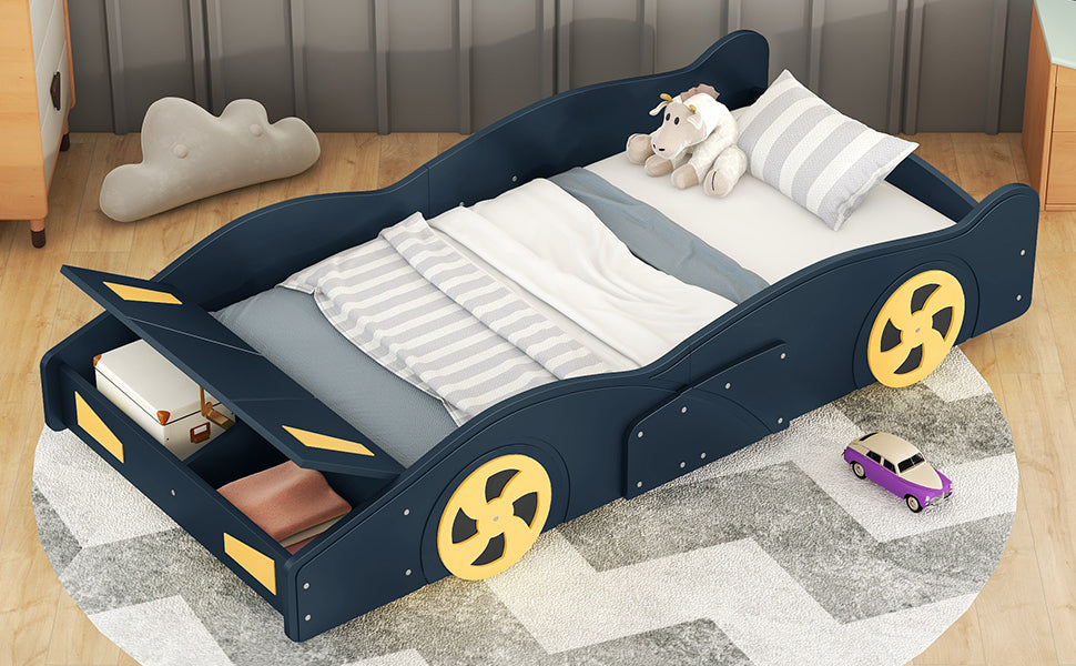 Twin Size Race Car Shaped Platform Bed With Wheels And Storage, Dark Blue Yellow Box Spring Not Required Twin Dark Blue Wood Bedroom Bed Frame Solid Wood Mdf