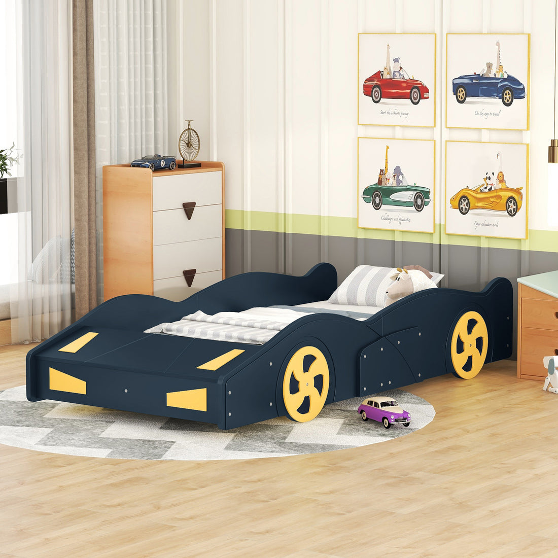 Twin Size Race Car Shaped Platform Bed With Wheels And Storage, Dark Blue Yellow Box Spring Not Required Twin Dark Blue Wood Bedroom Bed Frame Solid Wood Mdf