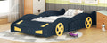 Twin Size Race Car Shaped Platform Bed With Wheels And Storage, Dark Blue Yellow Box Spring Not Required Twin Dark Blue Wood Bedroom Bed Frame Solid Wood Mdf