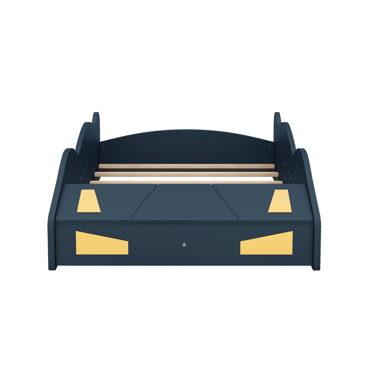 Twin Size Race Car Shaped Platform Bed With Wheels And Storage, Dark Blue Yellow Box Spring Not Required Twin Dark Blue Wood Bedroom Bed Frame Solid Wood Mdf