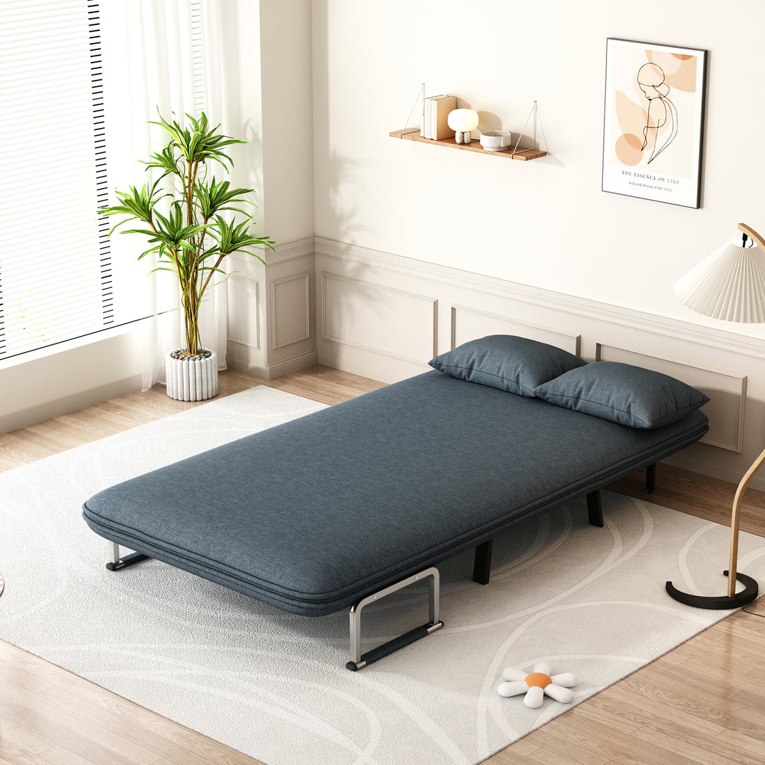 39 Convertible Chair Bed, Tri Fold Sofa Bed With Adjustable Backrest & Pillow, Leisure Chaise Lounge Couch With Sturdy Steel Frame For Home & Office, Comfortable Sleeper Chair Blue Grey Velvet Contemporary Polyurethane Foam Metal 2 Seat