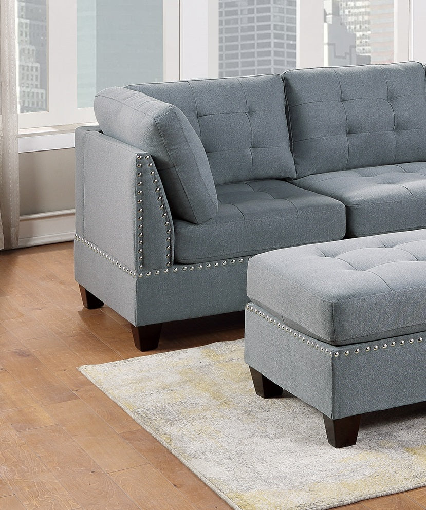 Living Room Furniture Tufted Corner Wedge Grey Linen Like Fabric 1Pc Cushion Nail Heads Wedge Sofa Wooden Legs Grey Primary Living Space Contemporary,Modern Fabric