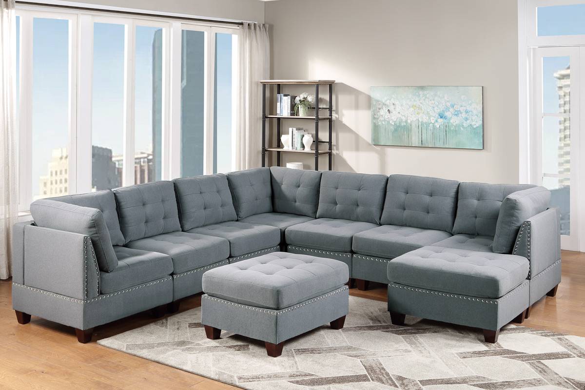 Living Room Furniture Tufted Ottoman Grey Linen Like Fabric 1Pc Ottoman Cushion Nail Heads Wooden Legs Grey Linen Primary Living Space Grey Contemporary,Modern Tufted Fabric