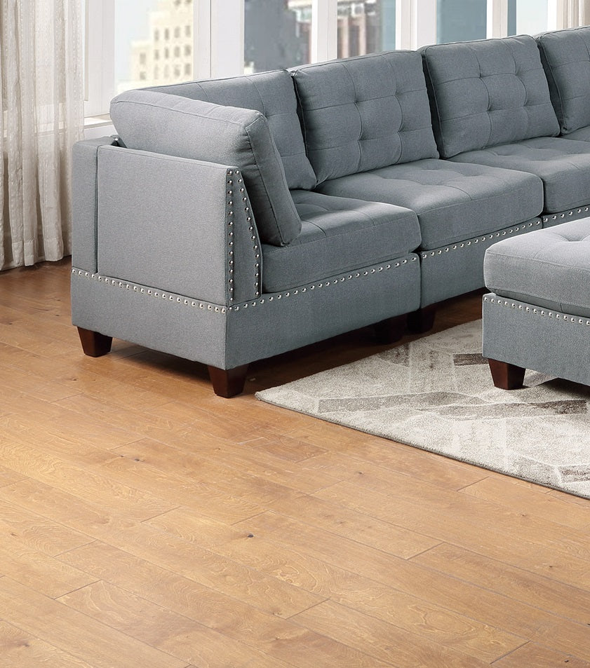 Living Room Furniture Tufted Corner Wedge Grey Linen Like Fabric 1Pc Cushion Nail Heads Wedge Sofa Wooden Legs Grey Primary Living Space Contemporary,Modern Fabric