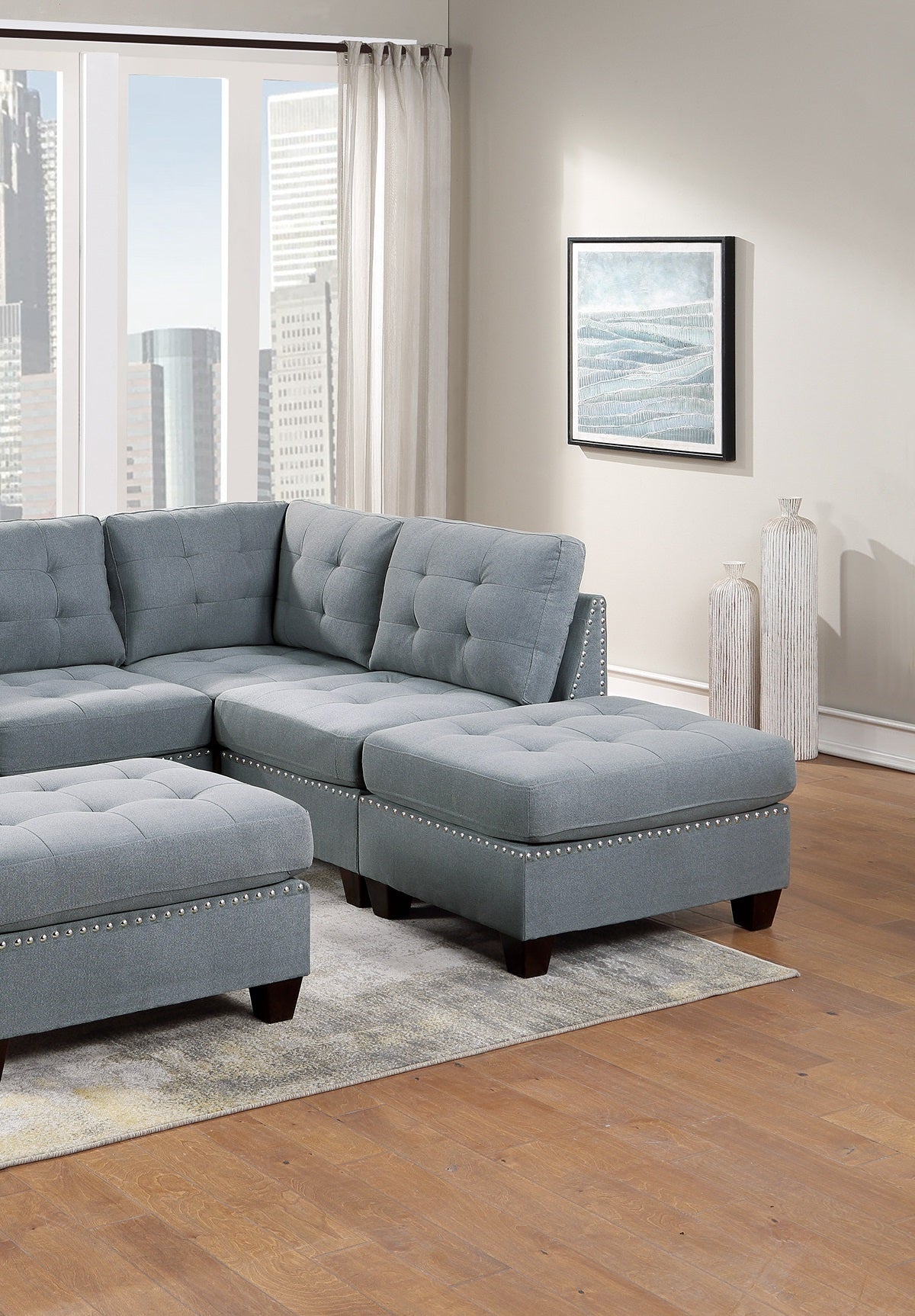 Living Room Furniture Tufted Armless Chair Grey Linen Like Fabric 1Pc Armless Chair Cushion Nail Heads Wooden Legs Grey Primary Living Space Contemporary,Modern Fabric