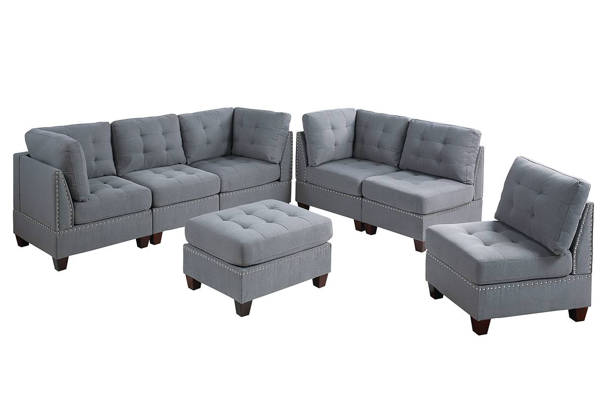 Living Room Furniture Tufted Corner Wedge Grey Linen Like Fabric 1Pc Cushion Nail Heads Wedge Sofa Wooden Legs Grey Primary Living Space Contemporary,Modern Fabric