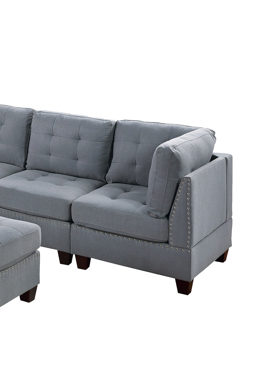 Living Room Furniture Tufted Corner Wedge Grey Linen Like Fabric 1Pc Cushion Nail Heads Wedge Sofa Wooden Legs Grey Primary Living Space Contemporary,Modern Fabric