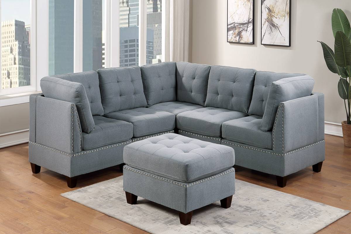 Living Room Furniture Tufted Corner Wedge Grey Linen Like Fabric 1Pc Cushion Nail Heads Wedge Sofa Wooden Legs Grey Primary Living Space Contemporary,Modern Fabric