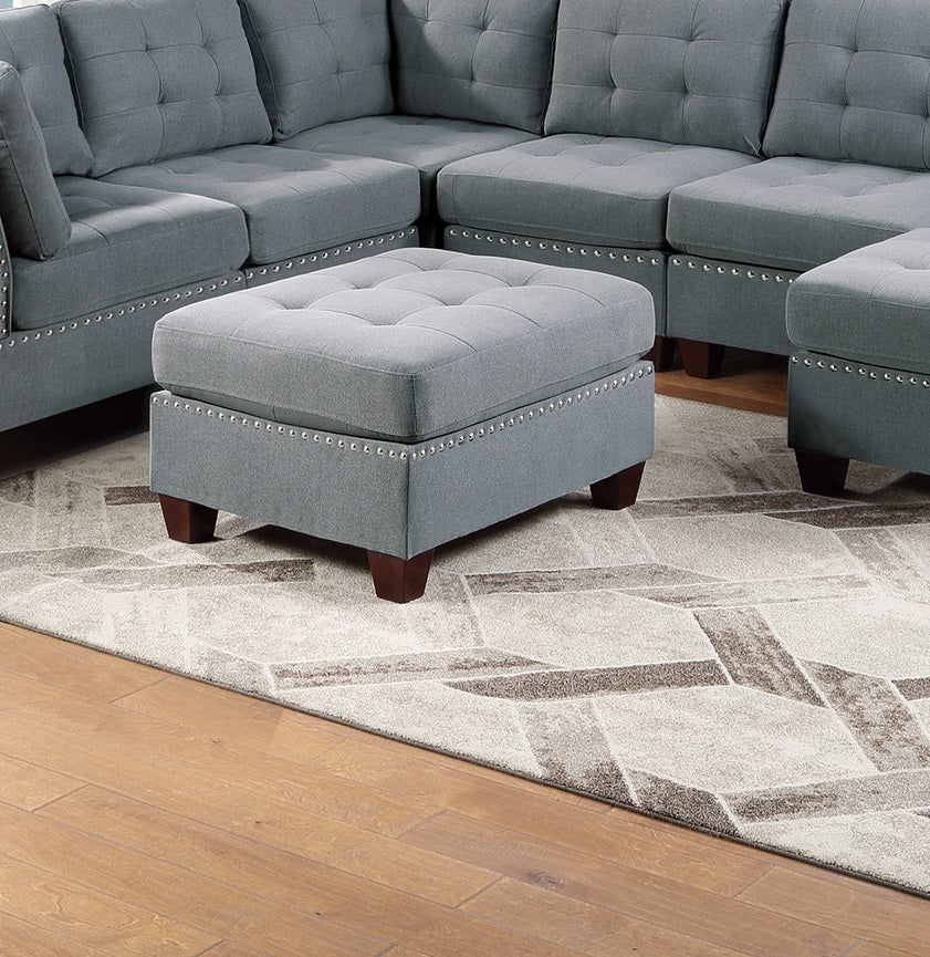 Living Room Furniture Tufted Ottoman Grey Linen Like Fabric 1Pc Ottoman Cushion Nail Heads Wooden Legs Grey Linen Primary Living Space Grey Contemporary,Modern Tufted Fabric