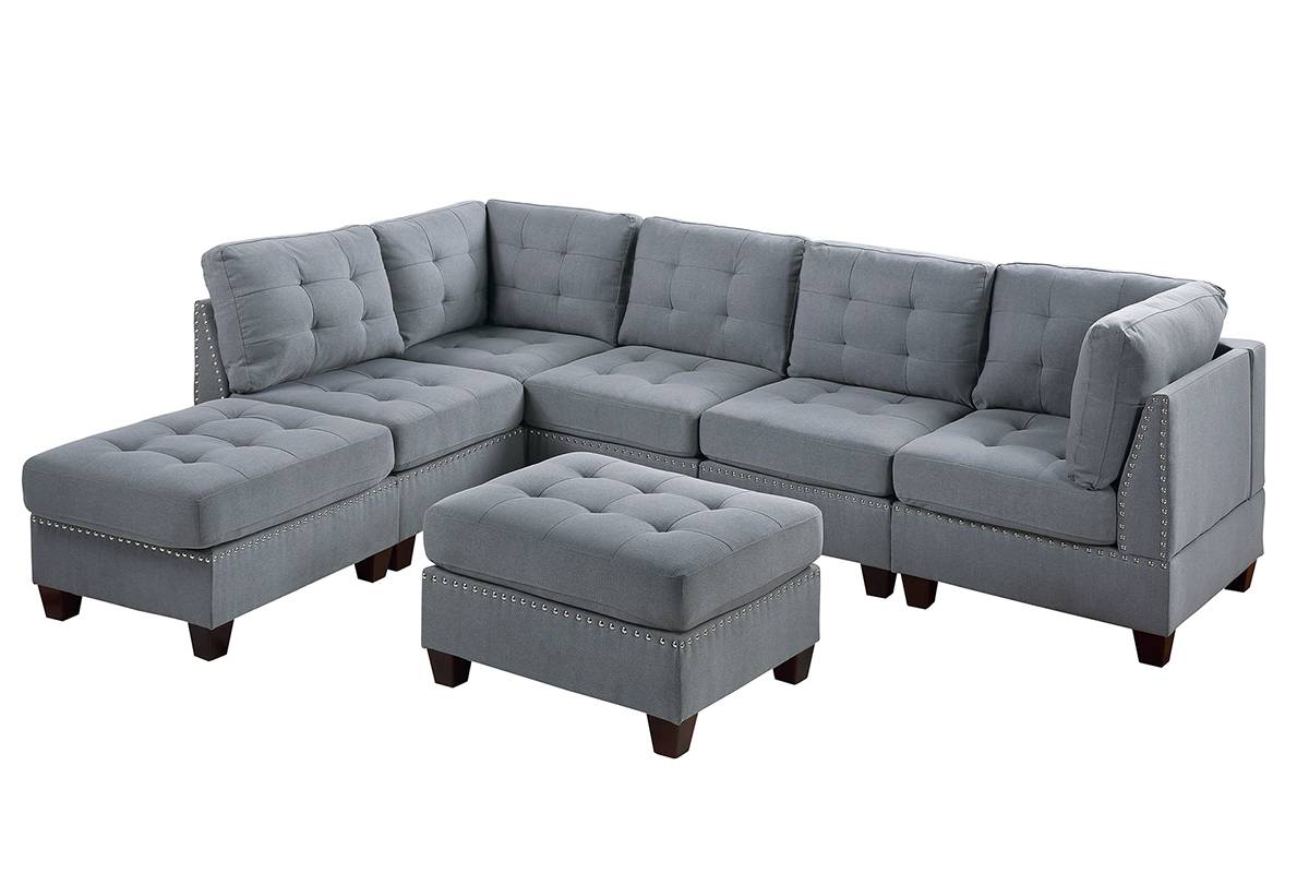 Living Room Furniture Tufted Corner Wedge Grey Linen Like Fabric 1Pc Cushion Nail Heads Wedge Sofa Wooden Legs Grey Primary Living Space Contemporary,Modern Fabric