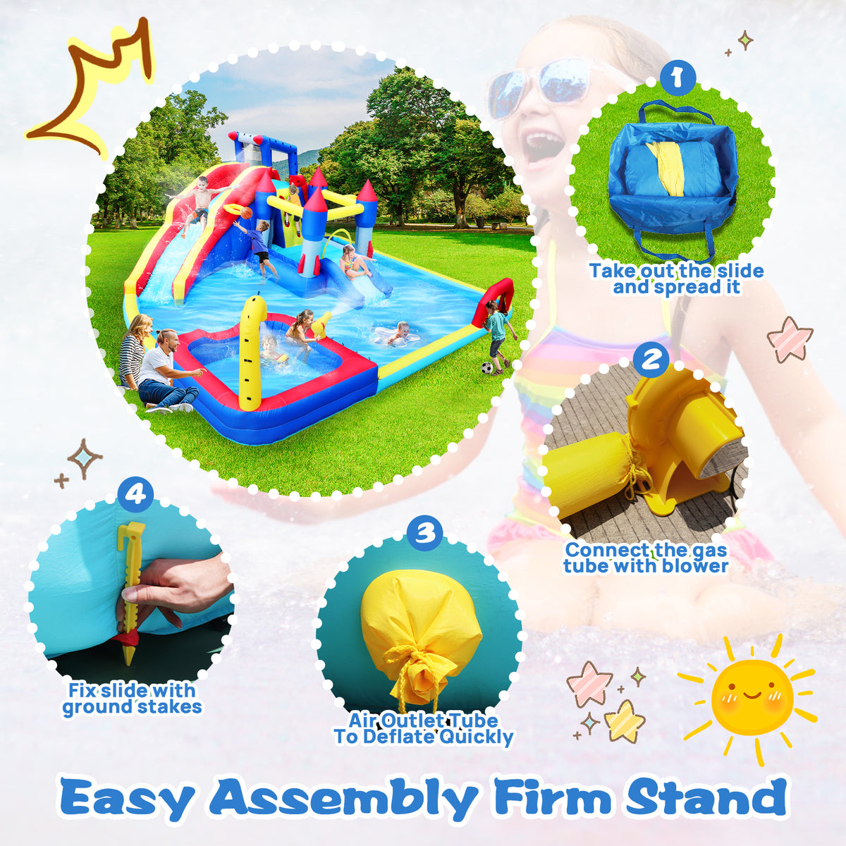 10 In1 Inflatable Slide Water Park Bouncing House Garden With Splash Pool & Water& Basketball & Climbing Wall & Dual Pools & Soccer Multicolor Oxford Fabric