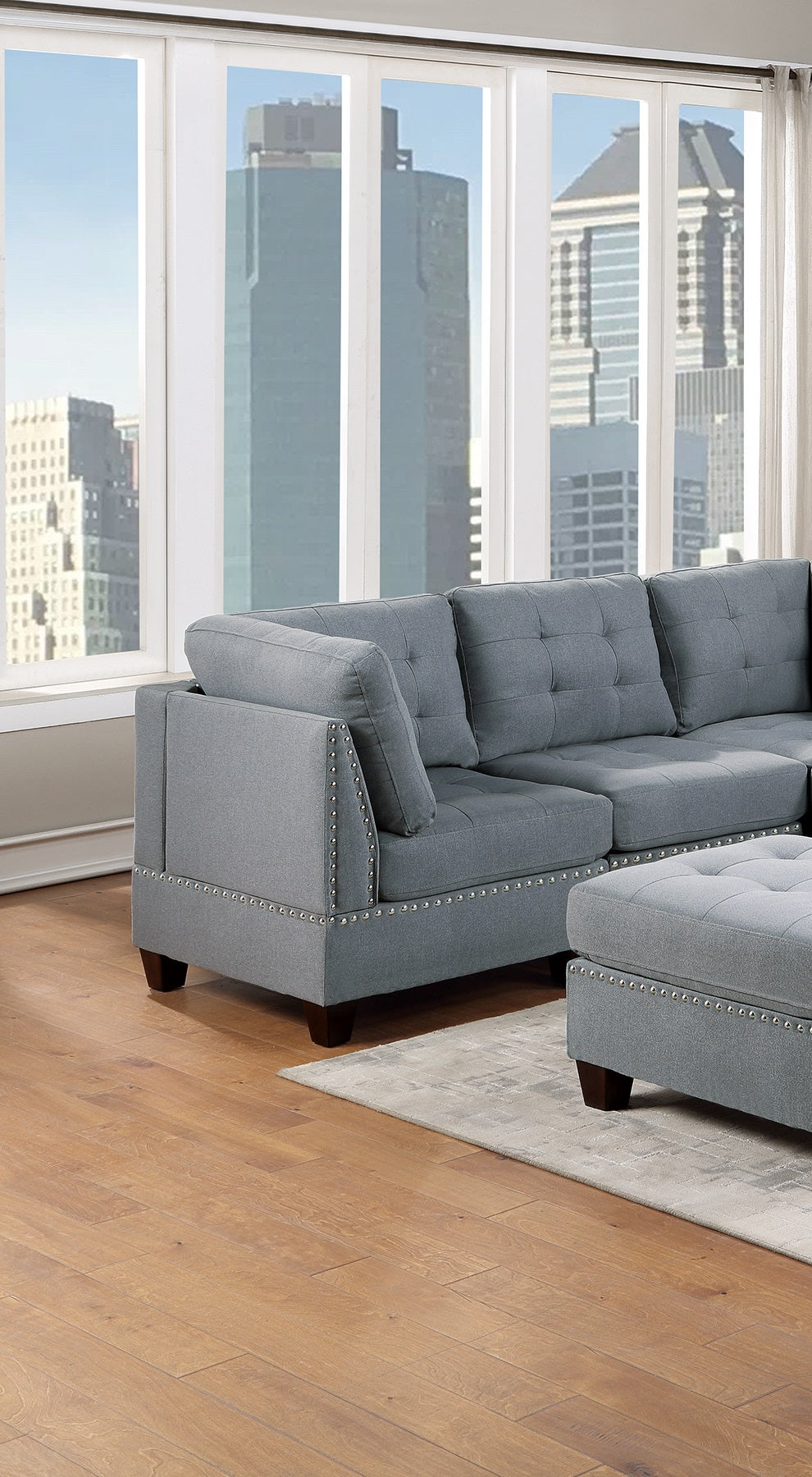 Living Room Furniture Tufted Corner Wedge Grey Linen Like Fabric 1Pc Cushion Nail Heads Wedge Sofa Wooden Legs Grey Primary Living Space Contemporary,Modern Fabric