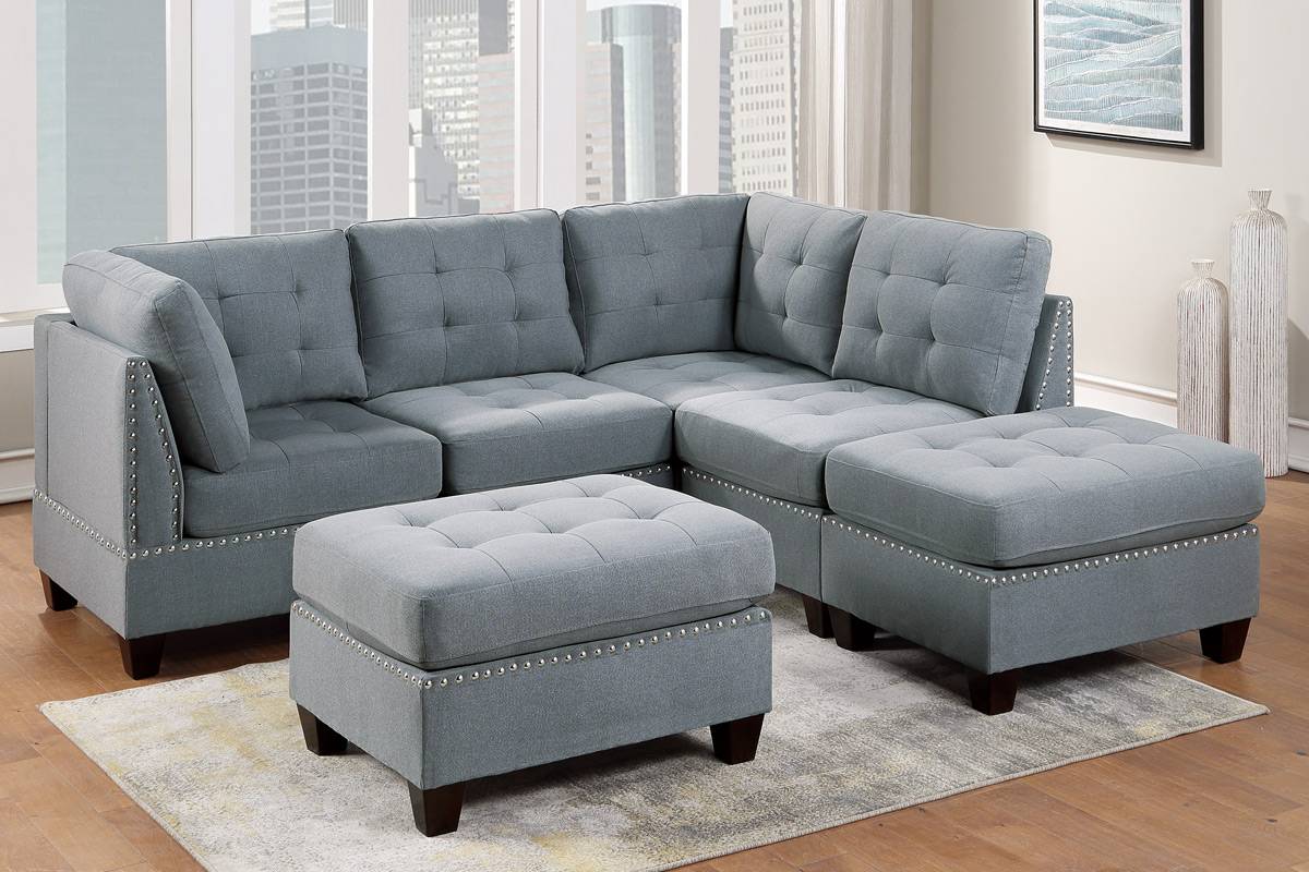 Living Room Furniture Tufted Corner Wedge Grey Linen Like Fabric 1Pc Cushion Nail Heads Wedge Sofa Wooden Legs Grey Primary Living Space Contemporary,Modern Fabric