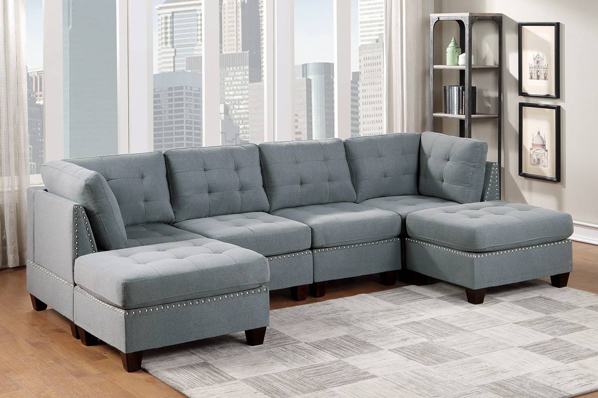 Living Room Furniture Tufted Corner Wedge Grey Linen Like Fabric 1Pc Cushion Nail Heads Wedge Sofa Wooden Legs Grey Primary Living Space Contemporary,Modern Fabric