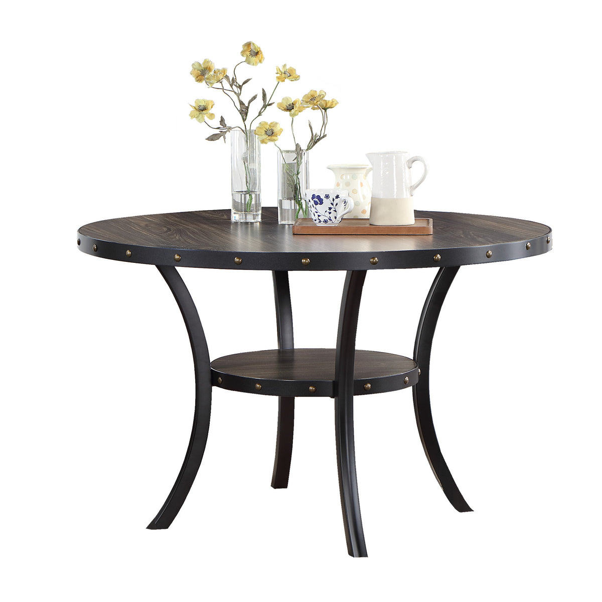Modern Classic Dining Room Furniture Natural Wooden Round Dining Table 4X Side Chairs Gray Fabric Nail Heads Trim And Storage Shelve 5Pc Dining Set Wood Dining Room Rubberwood Round Dining Table With Chair Upholstered Chair Wood Gray Solid Back Seats 4