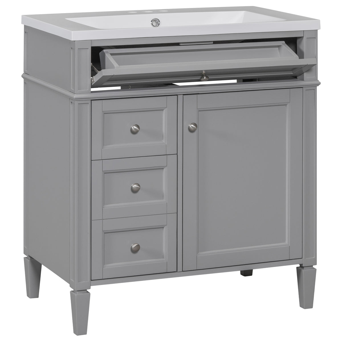 30'' Bathroom Vanity With Top Sink, Modern Bathroom Storage Cabinet With 2 Drawers And A Tip Out Drawer, Single Sink Bathroom Vanity Grey Mdf