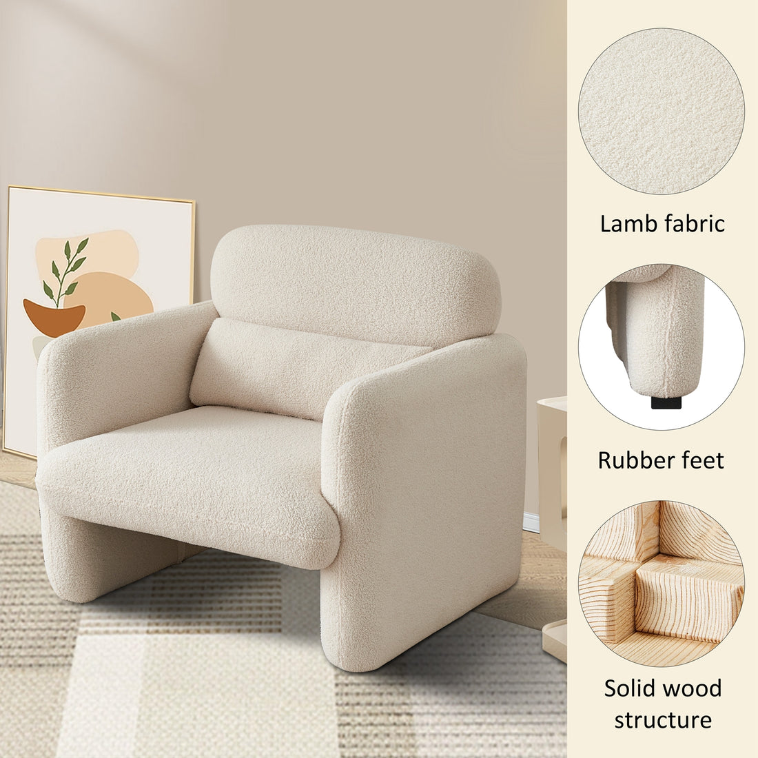 34"Lamb Fleece Fabric Sofa, Modern Single Sofa With Support Pillow For Apartment, Office, Living Room & Bedroom, Tool Free Assembly. Beige Beige Foam Sherpa