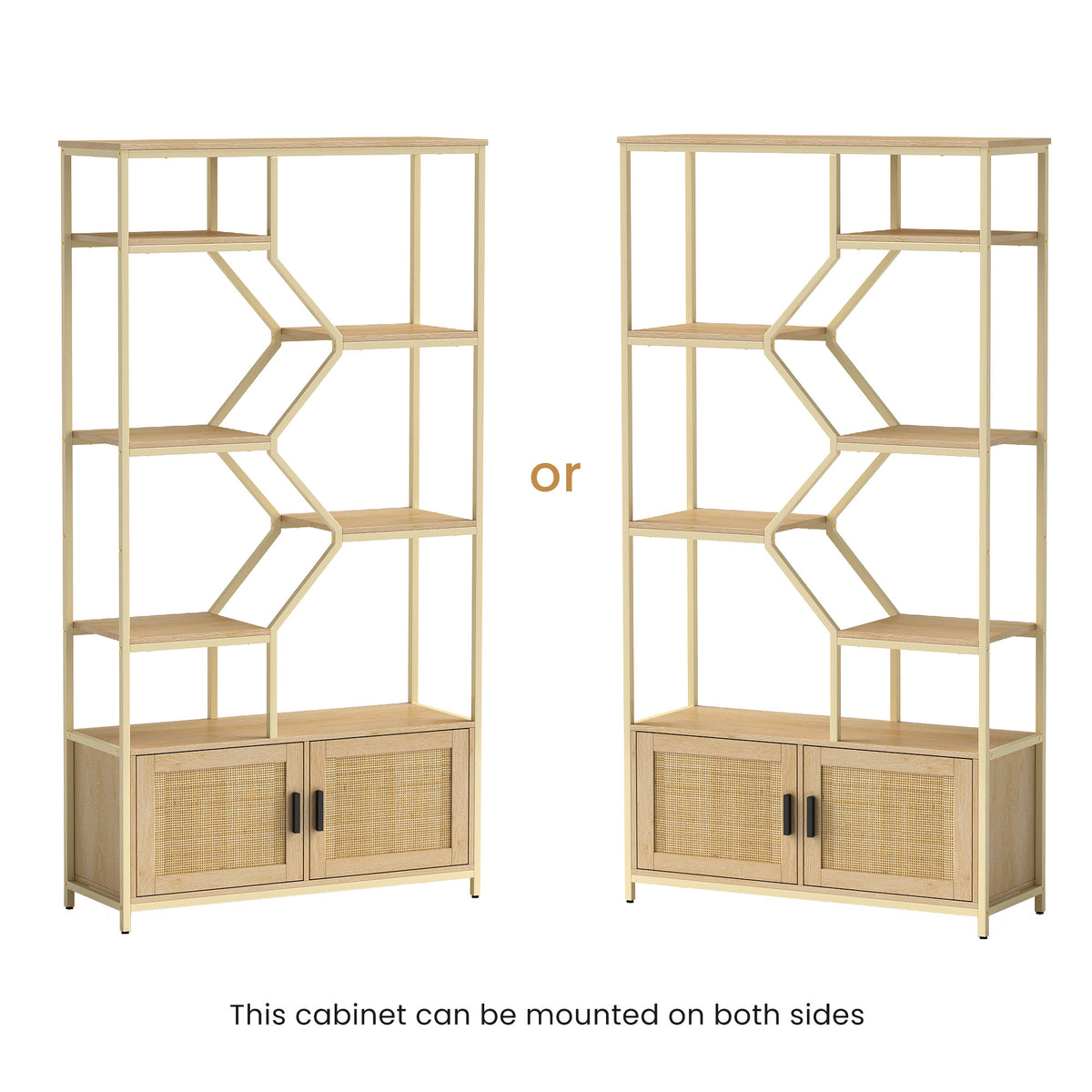 Rattan Bookshelf 7 Tiers Bookcases Storage Rack With Cabinet For Living Room Home Office, Natural, 39.4'' W X 13.8'' D X 75.6'' H. Natural Particle Board