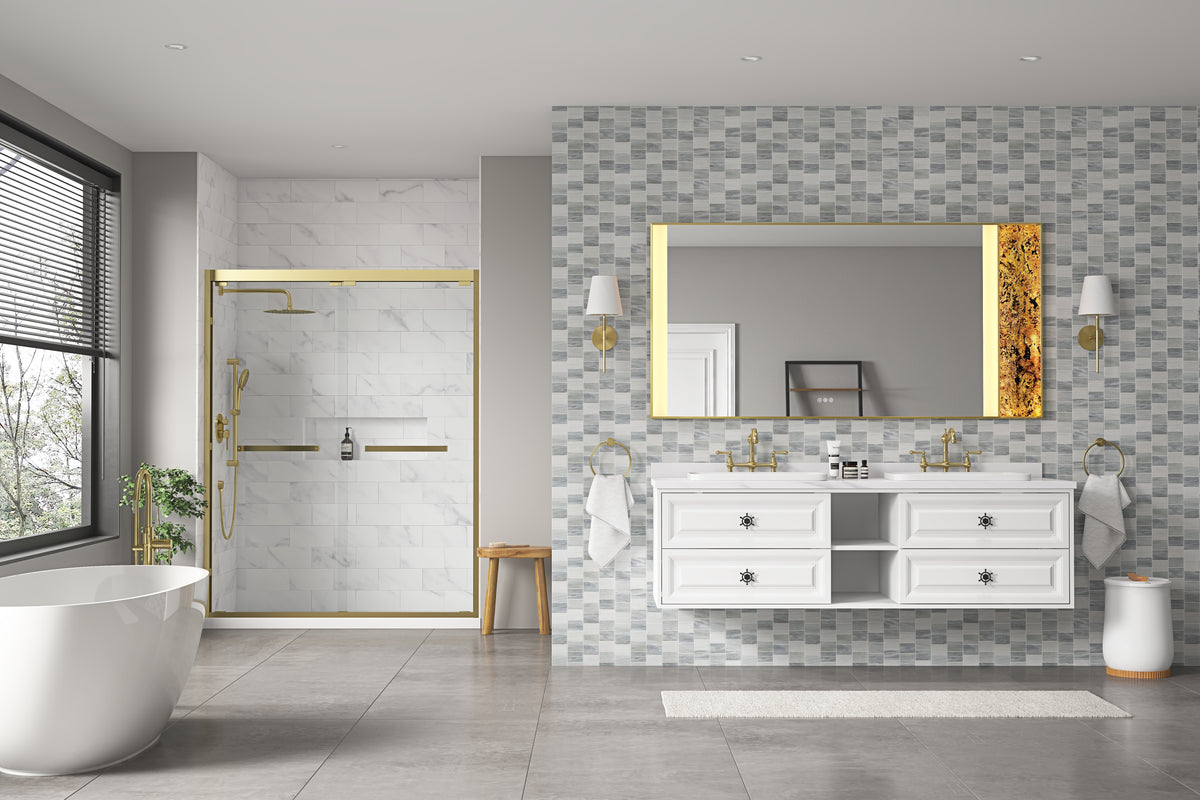 60 X 36Inch Led Mirror Bathroom Vanity Mirror With Back Light, Wall Mount Anti Fog Memory Large Adjustable Vanity Mirrornatural Stone Decoration Decoration Follows Led Changes Gold Aluminium