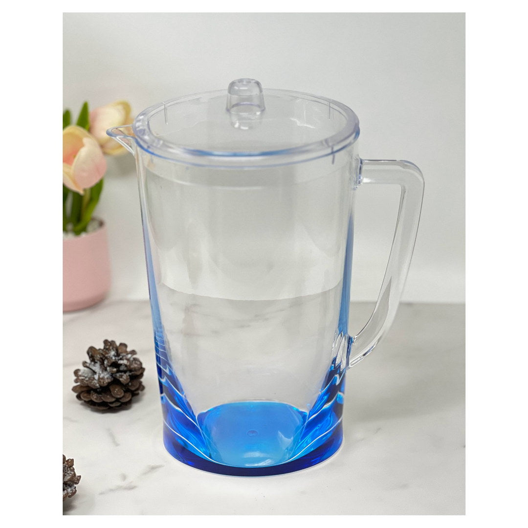 2.75 Quarts Water Pitcher With Lid, Oval Halo Design Unbreakable Plastic Pitcher, Drink Pitcher, Juice Pitcher With Spout Bpa Free Blue Acrylic