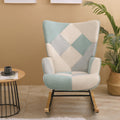 Accent Rocking Chair, Mid Century Fabric Rocker Chair With Wood Legs And Patchwork Linen For Livingroom Bedroom Blue Solid Wood
