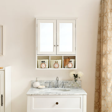 Bathroom Storage Cabinet, Medicine Cabinets For Bathroom With Mirror, 2 Doors 2 Adjustable Shelf 3 Christmas Style Storage Basket, White Wood Cabinet Wall Mounted For Bathroom Laundry Room Kitchen 1 2 Shelves Lacquered White White Bathroom Adjustable