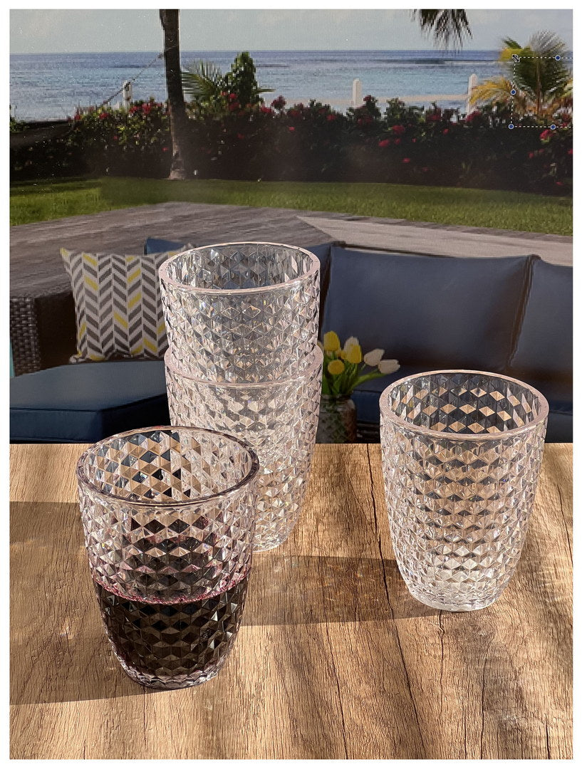 Diamond Cut Acrylic Glasses Drinking Set Of 4 12Oz , Plastic Drinking Glasses, Bpa Free Cocktail Glasses, Drinkware Set, Drinking Water Glasses Clear Acrylic