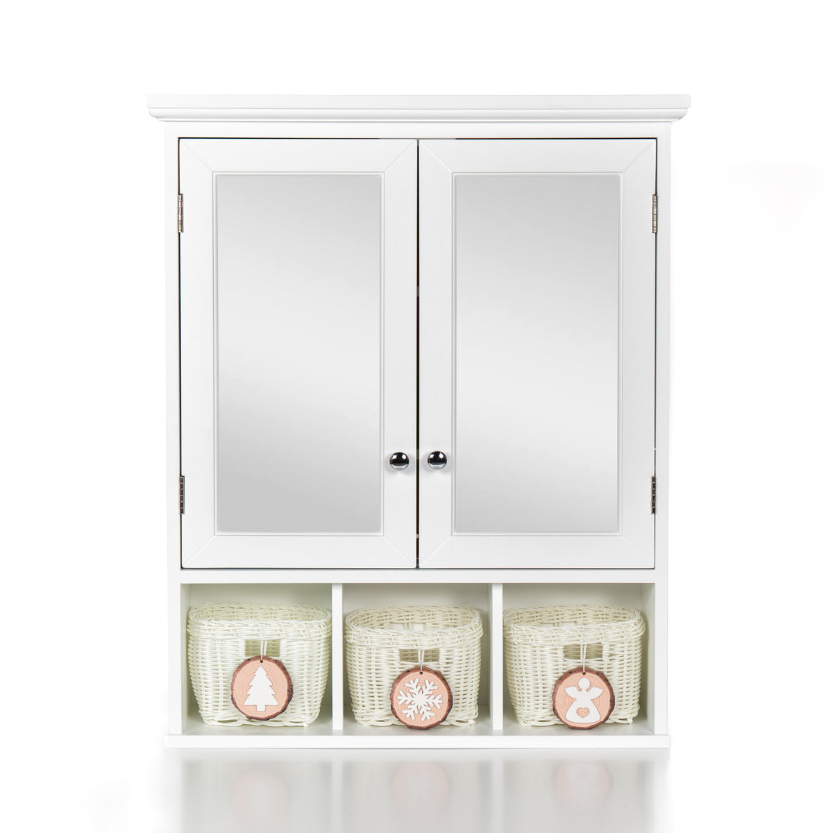 Bathroom Storage Cabinet, Medicine Cabinets For Bathroom With Mirror, 2 Doors 2 Adjustable Shelf 3 Christmas Style Storage Basket, White Wood Cabinet Wall Mounted For Bathroom Laundry Room Kitchen 1 2 Shelves Lacquered White White Bathroom Adjustable