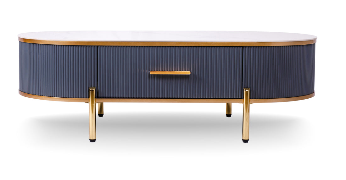 Modern Coffee Table White Gray Sintered Stone Top & Gold With Drawer White Gray Gray Soft Close Drawers Primary Living Space Contemporary,Mid Century Modern Oval Drawers Coffee & End Tables Polished Sintered Stone Ceramic Mdf