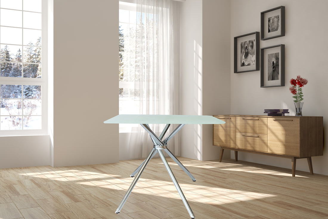 36" Square Frosted Tempered Glass Table Chrome Dining Room Contemporary,Modern Kitchen & Dining Tables Polished Glass