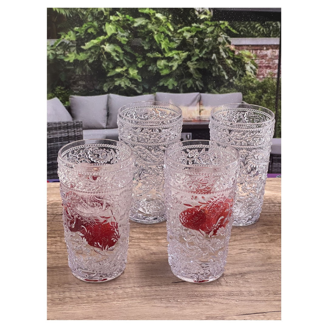 Paisley Acrylic Glasses Drinking Set Of 4 Hi Ball 17Oz , Plastic Drinking Glasses, Bpa Free Cocktail Glasses, Drinkware Set, Drinking Water Glasses Clear Acrylic