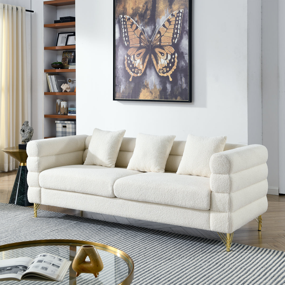 81 Inch Oversized 3 Seater Sectional Sofa, Living Room Comfort Fabric Sectional Sofa Deep Seating Sectional Sofa, Soft Sitting With 3 Pillows For Living Room,Bedroom,White Teddy Ivory W834S00036