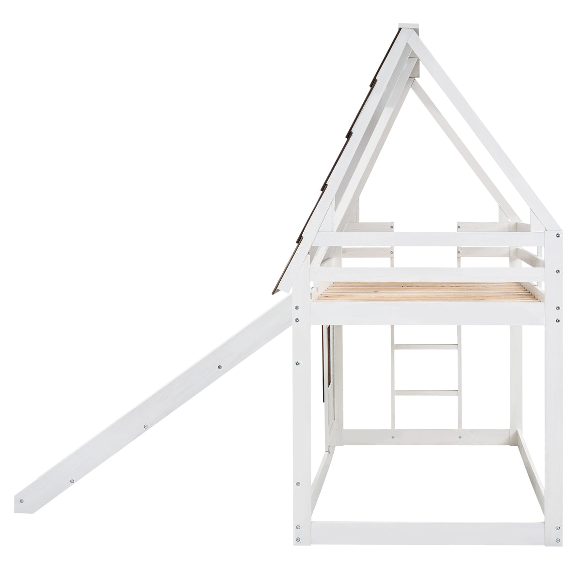 Wood Twin Size House Bunk Bed With Roof, Ladder And Slide, White Brown Box Spring Not Required Twin Brown White Wood Bedroom Pine Bunk Solid Wood Mdf