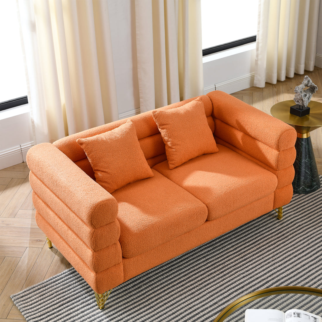 60Inch Oversized 2 Seater Sectional Sofa, Living Room Comfort Fabric Sectional Sofa Deep Seating Sectional Sofa, Soft Sitting With 2 Pillows For Living Room,Bedroom,Office,Orange Teddy W834S00031 Orange Primary Living Space American Design Foam Fabric 2