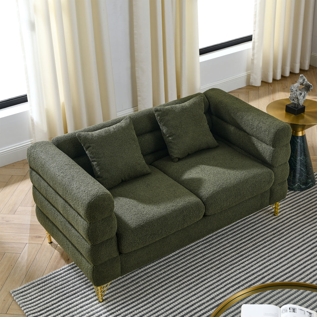 60Inch Oversized 2 Seater Sectional Sofa, Living Room Comfort Fabric Sectional Sofa Deep Seating Sectional Sofa, Soft Sitting With 2 Pillows For Living Room, Bedroom, Office, Green Teddy W834S00032 Green Primary Living Space American Design Foam Fabric 2
