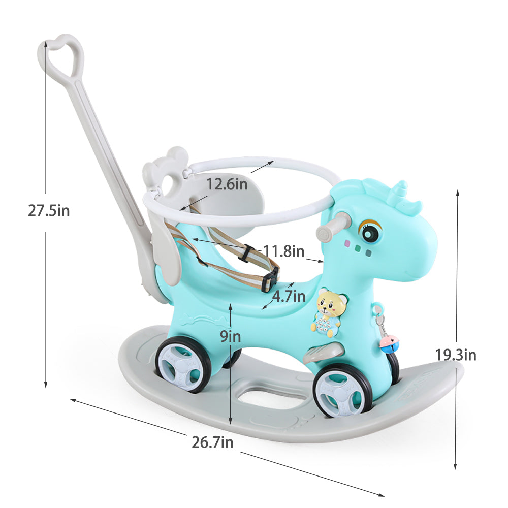 Rocking Horse For Toddlers, Balance Bike Ride On Toys With Push Handle, Backrest And Balance Board For Baby Girl And Boy, Unicorn Kids Riding Birthday Blue Blue Hdpe