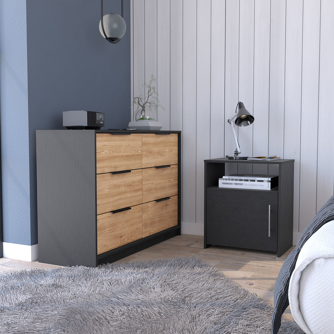 2 Piece Bedroom Set, Egeo 4 Drawer Dresser Omaha Nightstand, Black Pine Black Particle Board Particle Board